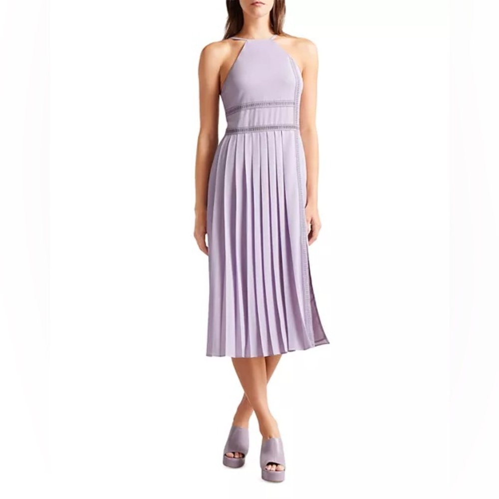 Ted Baker Camylie Lace Insert Asymmetric Pleat Woven Lilac Midi Dress US 6 NWT